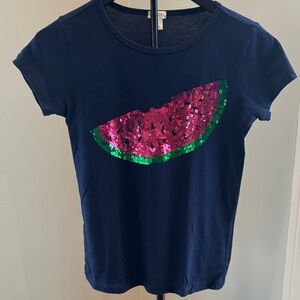 Crewcuts Navy Tee with Watermelon Sequin Design (Size 12)